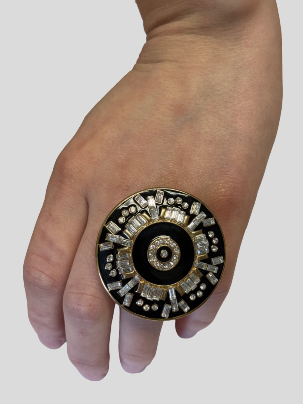 Art Deco Black Enamel Statement Ring Gold Tone Crystal Cocktail Size 5.5